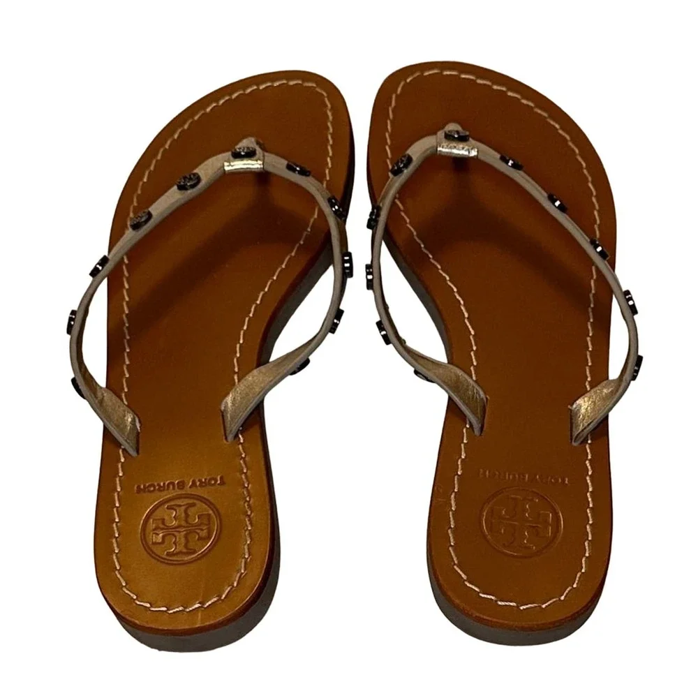 Tory Burch - Logo T Stud thong Sandals, Silver toned